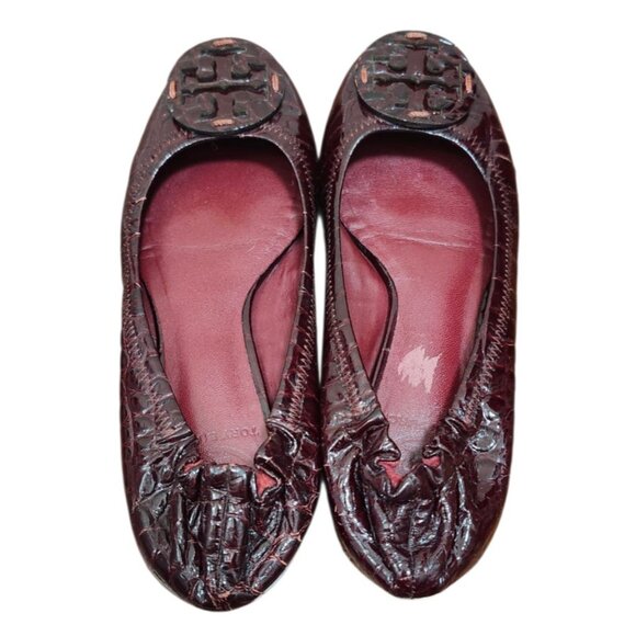 Tory Burch Reva Croc Embossed Patent Slip On Ballet Flats Size 6 Burgundy Red - Picture 5 of 11